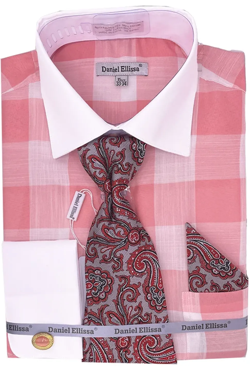 Coral Tone on Tone Check Printed French Cuff Dress Shirt Set with Tie and Pocket Square
