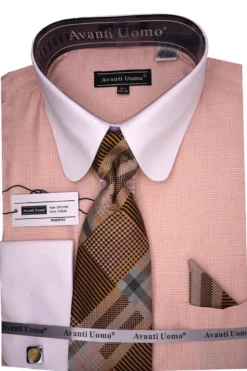 Coral Windowpane Dress Shirt Set with Tie and Handkerchief
