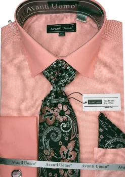Coral French Cuff Mini-Houndstooth Dress Shirt Set with Tie and Handkerchief