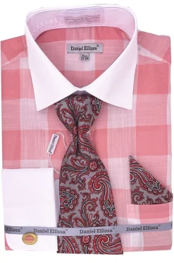 Coral Tone on Tone Check Printed French Cuff Dress Shirt Set with Tie and Pocket Square