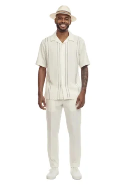 Cream Vertical Stripe Short Sleeve Walking Suit