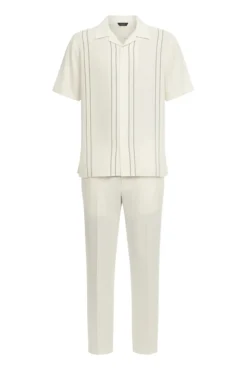 Cream Vertical Stripe Short Sleeve Walking Suit