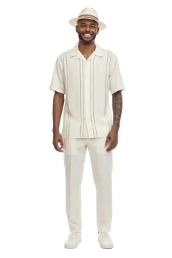 Cream Vertical Stripe Short Sleeve Walking Suit