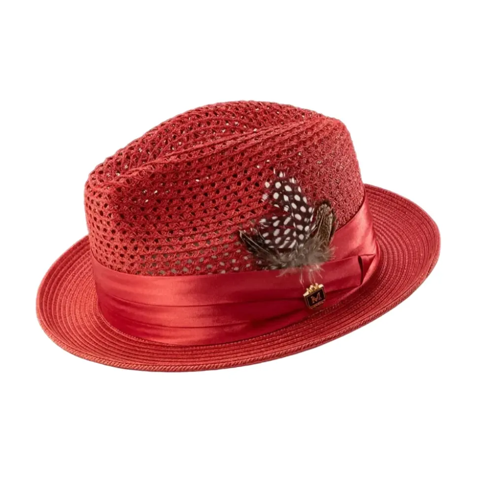 Crimson Solid Color Pinch Braided Fedora With Matching Satin Ribbon