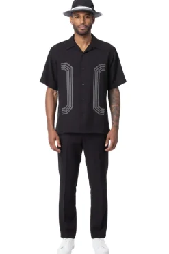 Curved Geometric Short Sleeve Walking Suit - Black