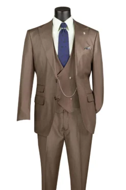 Deep Taupe Regular Fit 3 Piece Sharkskin Suit with Vest and Adjustable Waistband Pants