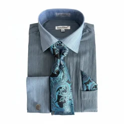Denim Blue Textured French Cuff Dress Shirt Set