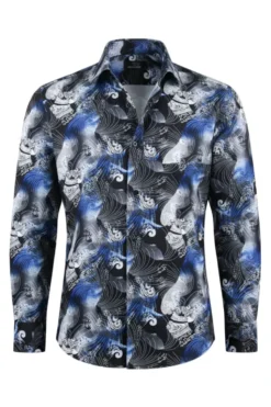 Dress Shirt Regular Fit Ukiyo-e Inspired Style Pattern In Black/Royal Blue