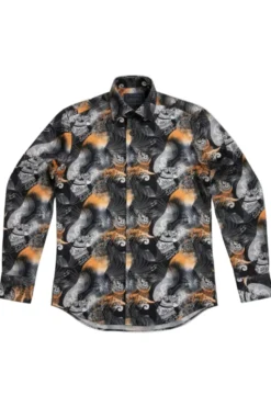 Dress Shirt Regular Fit Ukiyo-e Inspired Style Pattern In Black/Orange