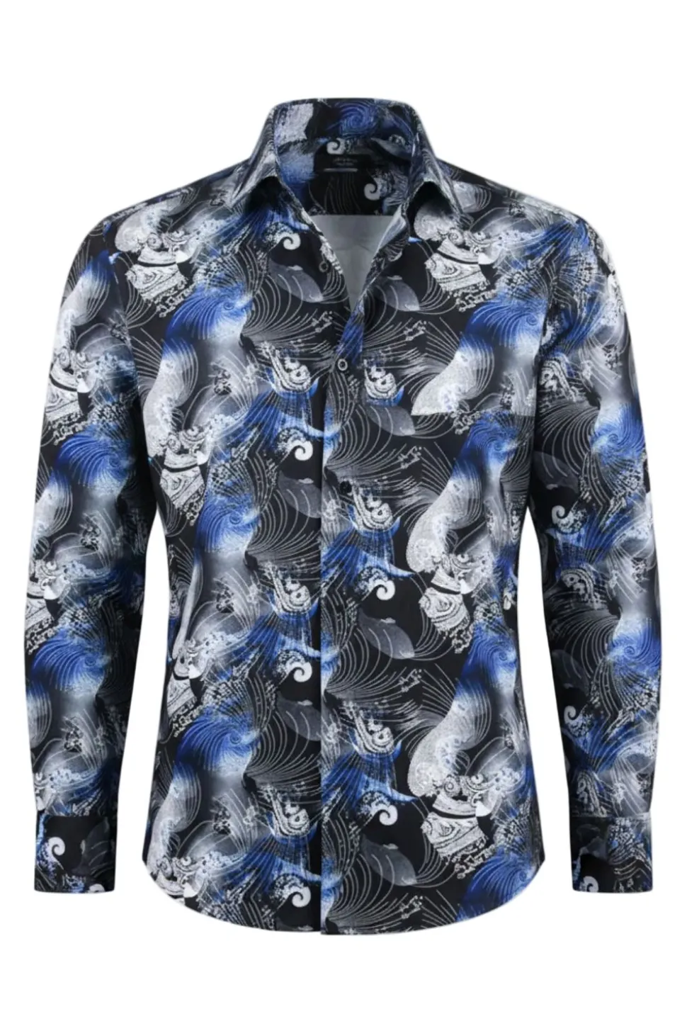 Dress Shirt Regular Fit Ukiyo-e Inspired Style Pattern In Black/Royal Blue