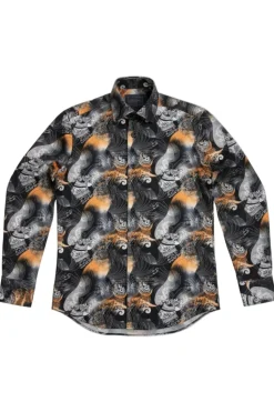 Dress Shirt Regular Fit Ukiyo-e Inspired Style Pattern In Black/Orange