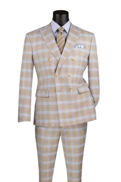 Duke of Windsor Collection - Slim Fit 2 Piece Double Breasted Windowpane Suit in Tan