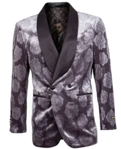 Empire Collection - Slim Fit Charcoal Floral Pattern Double Breasted Blazer