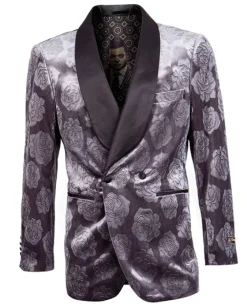 Empire Collection - Slim Fit Charcoal Floral Pattern Double Breasted Blazer