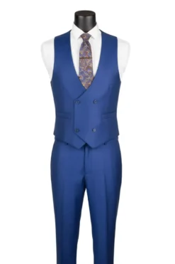 Estate Blue Regular Fit 3 Piece Sharkskin Suit with Vest and Adjustable Waistband Pants