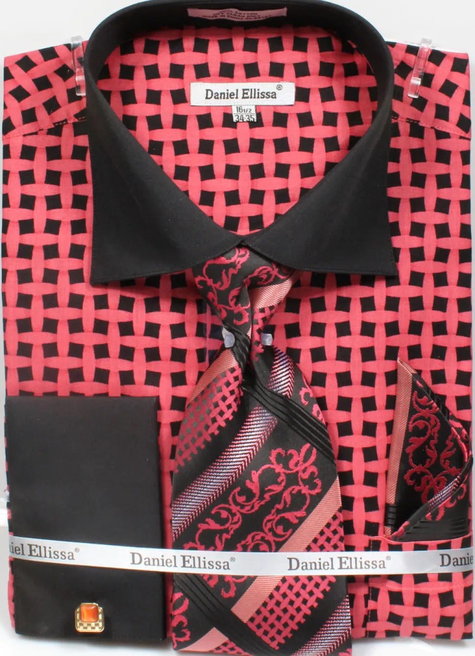 French Cuff Checker Pattern Cotton Shirt in Black/Coral