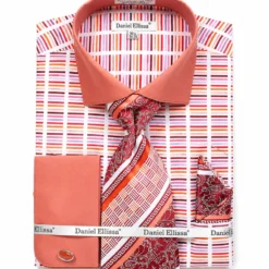French Cuff Cotton Shirt in Rust with Tie, Cuff Links and Pocket Square