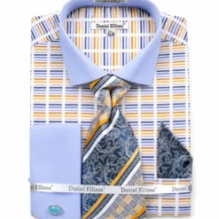 French Cuff Cotton Shirt in Blue with Tie, Cuff Links and Pocket Square