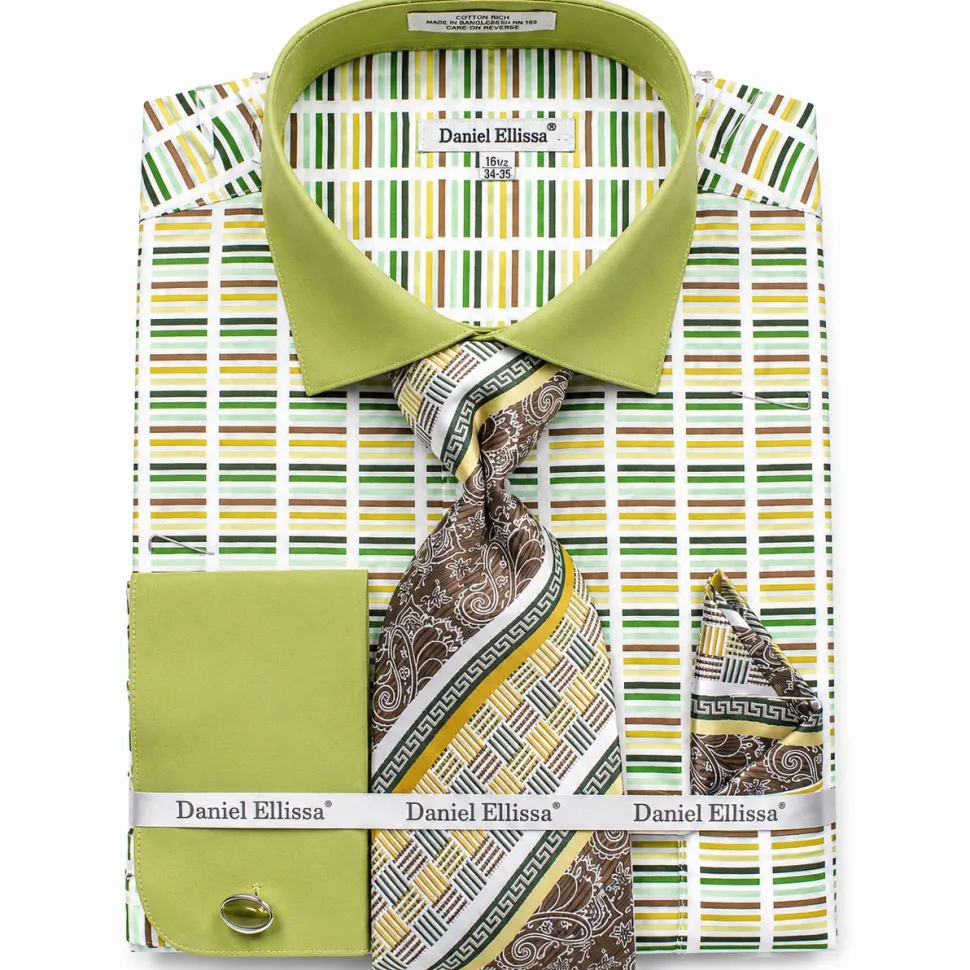 French Cuff Cotton Shirt in Green with Tie, Cuff Links and Pocket Square