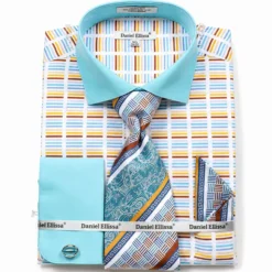 French Cuff Cotton Shirt Set in Turquoise with Tie, Cuff Links and Pocket Square