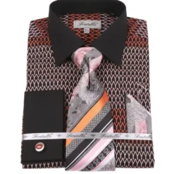 French Cuff Printed Tone on Tone Shirt in Black/Orange with Tie, Cuff Links, and Pocket Square