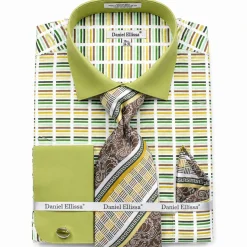 French Cuff Cotton Shirt in Green with Tie, Cuff Links and Pocket Square