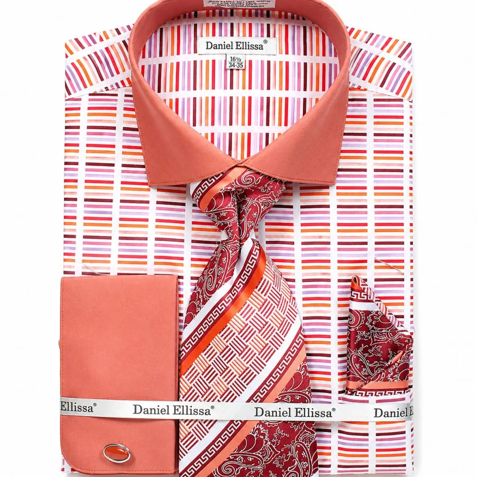 French Cuff Cotton Shirt in Rust with Tie, Cuff Links and Pocket Square