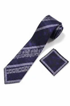 Geometric Jacquard Pattern Tie and Pocket Square Set - Navy/Purple