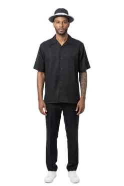 Geometric Weave Short Sleeve Walking Suit - Black
