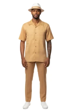 Geometric Weave Short Sleeve Walking Suit - Camel