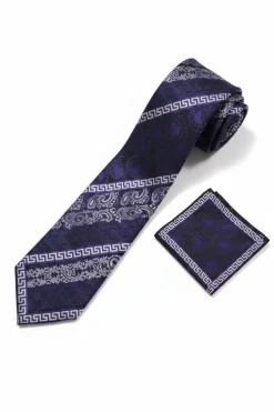 Geometric Jacquard Pattern Tie and Pocket Square Set - Navy/Purple