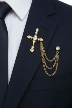 Gold Cross Pendant Diamond Rhinestone Triple Chain Brooch