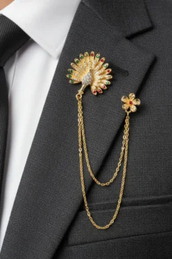 Gold Diamond Rhinestone Peacock Double Chain Brooch