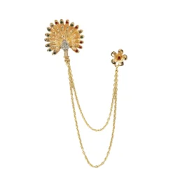 Gold Diamond Rhinestone Peacock Double Chain Brooch