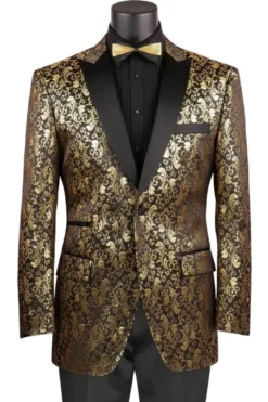 Gold Regular Fit Floral Pattern Jacket Peak Lapel