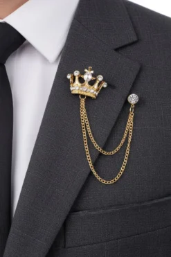 Gold Rhinestone Diamond Double Chain Crown Brooch with Diamond Stud