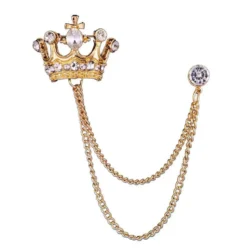 Gold Rhinestone Diamond Double Chain Crown Brooch with Diamond Stud