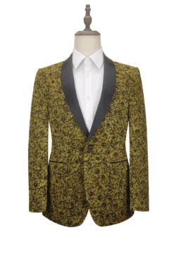 Gold Slim Fit Floral Pattern Jacket Shawl Lapel