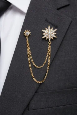 Gold Star Diamond Rhinestone Double Chain Brooch