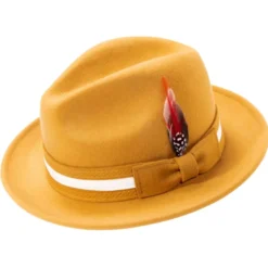 Gold Wool Felt Fedora with Band and Ribbon