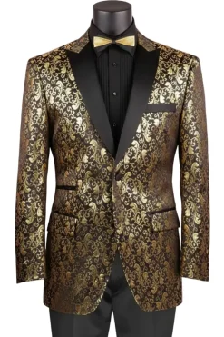 Gold Regular Fit Floral Pattern Jacket Peak Lapel