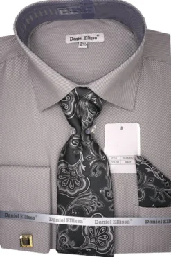 Gray Pin Striped Dress Shirt Set with Tie and Handkerchief