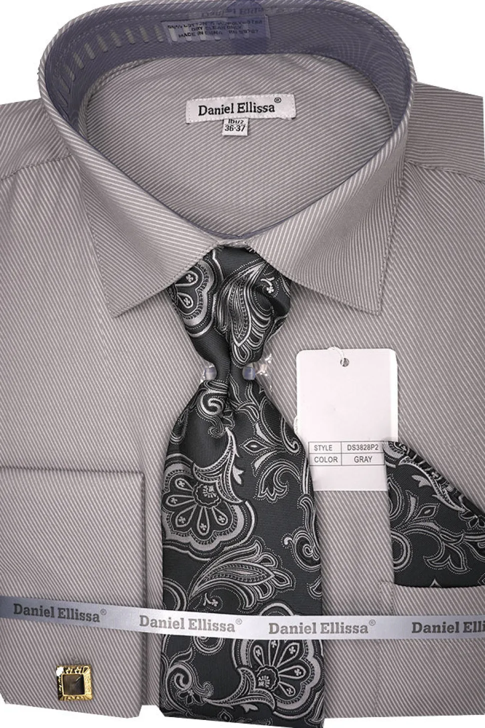 Gray Pin Striped Dress Shirt Set with Tie and Handkerchief