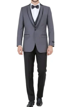 Gray Slim Fit Tuxedo 3 Piece with Satin Shawl Collar Vest