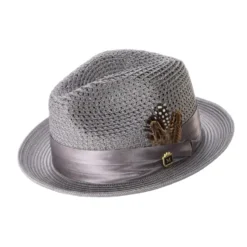 Gray Solid Color Pinch Braided Fedora With Matching Satin Ribbon