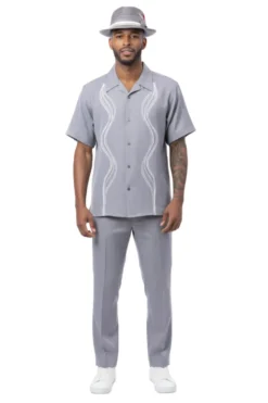 Gray Wave Embroidery Short Sleeve Walking Suit