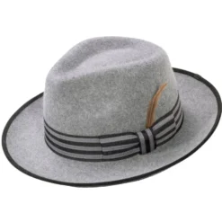 Gray Wool Felt Fedora with Striped Ribbon Band