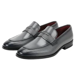Gray Leather Moc-Toe Strap Penny Loafer