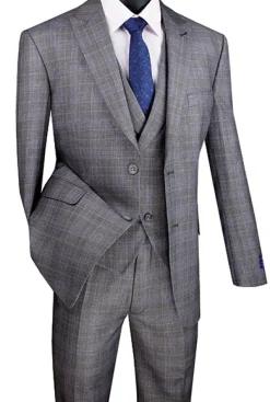 Gray Modern Fit Glen Plaid 2 Button Peak Lapel 3 Piece Suit
