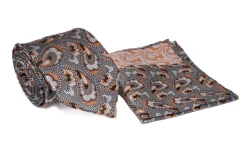 Gray Orange Paisley Pattern Tie and Pocket Square Set